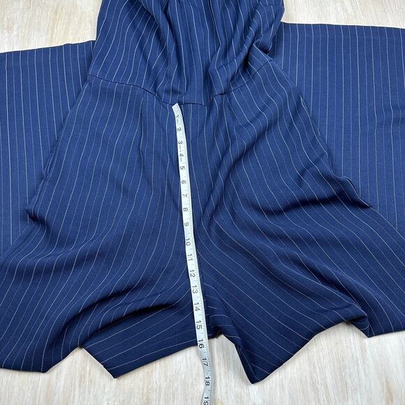 Julia Jordan Navy Pinstripe Twist Halter Business Casual Wide Leg Jumpsuit 12 - Picture 6 of 16